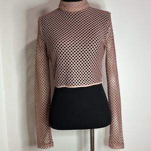 Forever 21 Nude Pink Fishnet Mesh Long Sleeve Crop Top